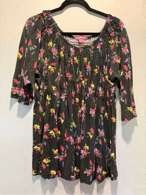 Woman Within Black Floral Smocked Peasant Top